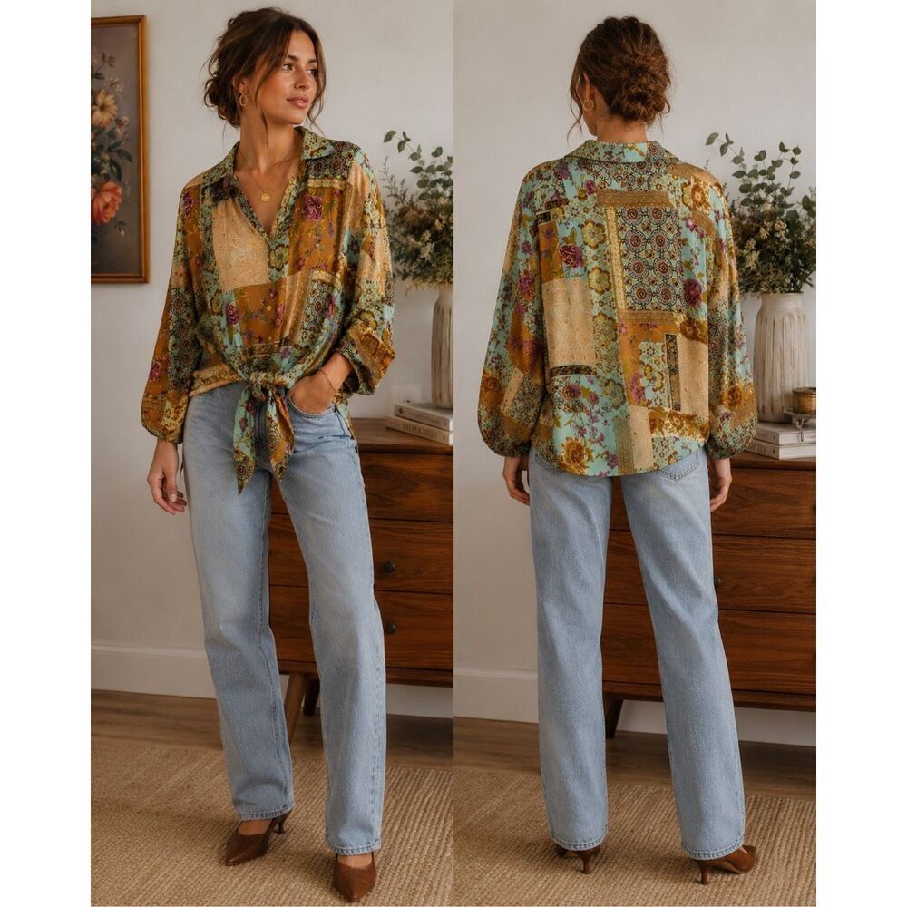 Vintage Cienna Patchwork Silk Blend Tie Front Blouse Boho Festival Top S/M - Picture 12 of 12